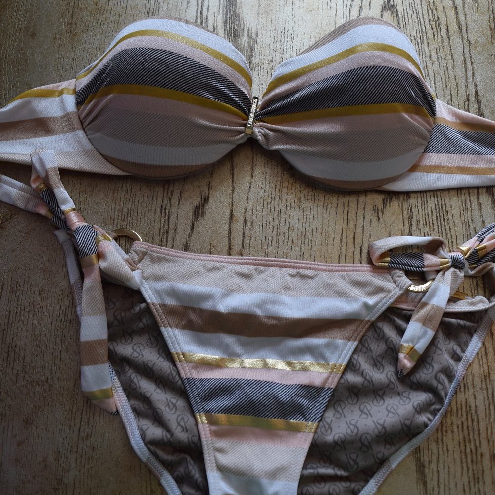 Victoria's Secret Pink, White, Gold Striped Bikini